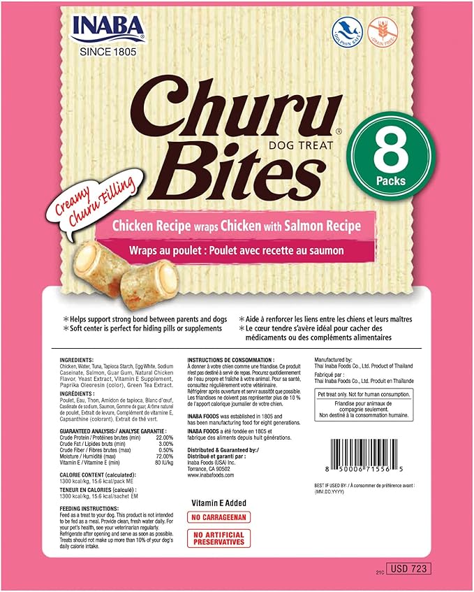 INABA Churu Bites for Dogs, Grain-Free, Soft/Chewy Baked Chicken Wrapped Churu Filled Dog Treats, 0.42 Ounces Each Tube | 48 Tubes Total (8 Tubes per Pack), Chicken with Salmon Recipe