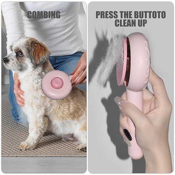 Cat Grooming Brush - Dog Cat Bunny Pet Self Cleaning Slicker Brush - Easy to Remove Loose Undercoat, Pet Massaging Tool Suitable for Pets with Long or Short Hair（Pink)