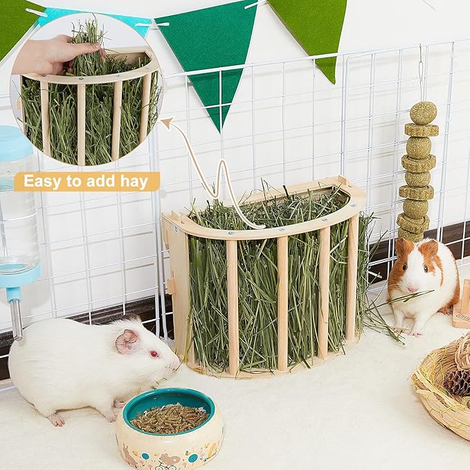 Guinea Pig Hay Feeder Wooden Rabbit Hay Feeder Big Volume Bunny Hay Holder Hanging Hay Rack with Instructions Guinea Pig Cages Accessories for Chinchilla and Ferret, Rabbit Cage Accessories