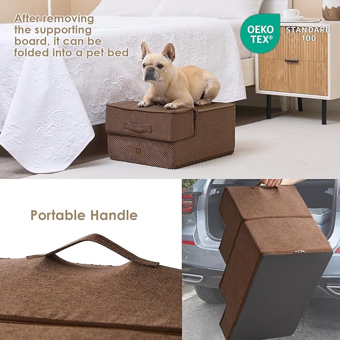 EHEYCIGA Dog Stairs for Small Dogs 13.5" H, 3-Step Dog Steps for Couch Sofa and Chair, Pet Steps for Small Dogs and Cats, Non-Slip Balanced Dog Indoor Ramp, Brown