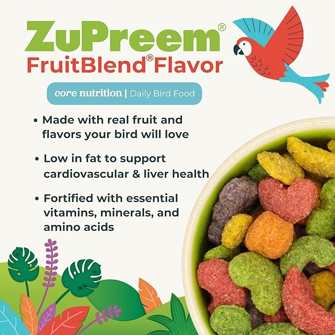 ZuPreem FruitBlend Bird Pellets, Daily Bird Food for Parrot, Conure, Caique, African Grey, Eclectus, Small Cockatoo, Core Nutrition for Medium Large Birds, Parrot Food (M/L, 12 lb)