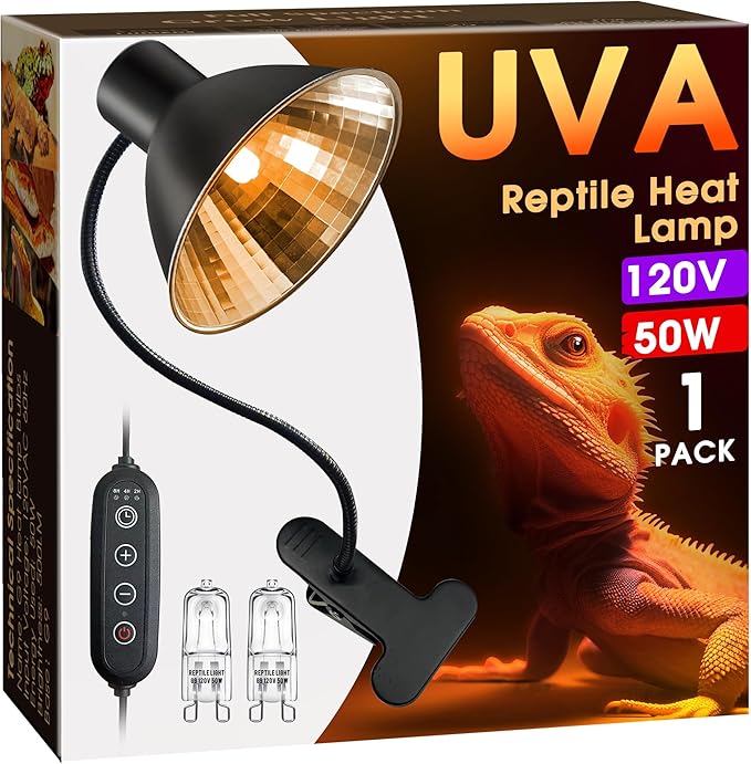 Reptile Heat Lamp Dimmable, UVA Basking Light for Reptiles 50W, Timing Reptile Light Fixture, Dome Aluminum Reflector, Heat Clamp Lamp with Gooseneck for Chicken Turtle Gecko Lizard