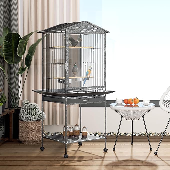 MoNiBloom 54 Inch Bird Cage w/Acrylic Door, Open Top Roof Birdcage for Finches Canaries Lovebirds Medium Small Parrots, Flight Birdcage w/Rolling Stand, Black