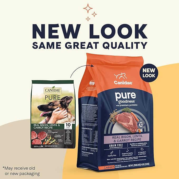 Canidae Pure Limited Ingredient Premium Adult Dry Dog Food, Real Bison, Lentil & Carrot Recipe, 4 lbs, Grain Free