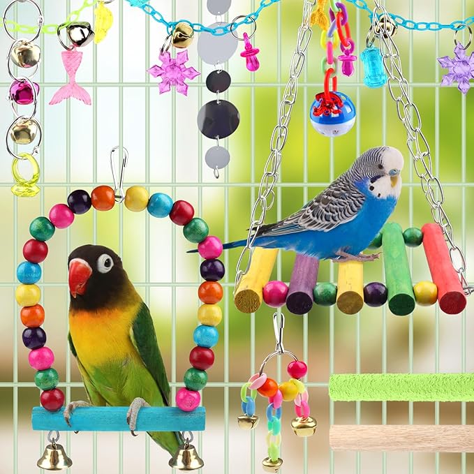 Bird Parakeet Toys, 10 pcs Swing Hanging Standing Chewing Toy, Hanging Bell Pet Bird Cage Colorful Toys for Parakeets, Cockatiel, Parrot, Budgerigar, PietyPet