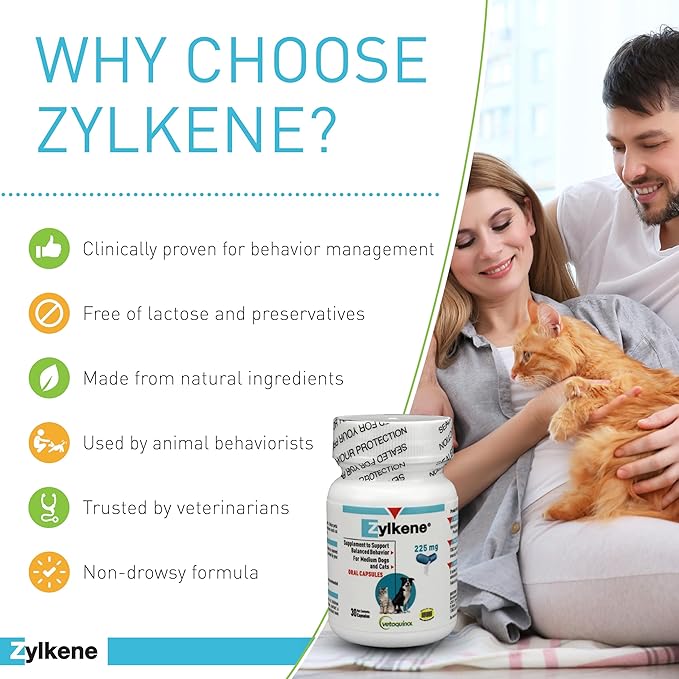 Vetoquinol Zylkene Calming Support Supplement for Medium Dogs 33-65lbs Helps Promote Relaxation and Reduce External Stress Factors, Daily Behavioral Support and Anxiety Relief for Dogs, 225mg