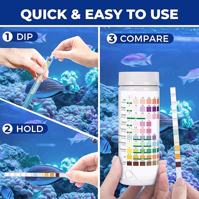 Aquarium Test Strips for Saltwater Tank: 10-in-1 125 Counts Salt Water Aquarium Water Test Kit, Fish Tank Test Strips for Testing Salt Chlorine Copper Nitrate pH and More, AQSTTN24