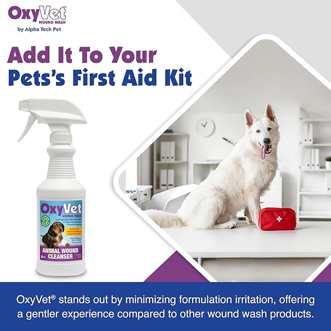 OxyVet Wound Wash for Dogs | Excellent Cleansing Agent | Non-Irritating to Skin and Eyes | Wound Cleanser | Non-Staining Wound and Skin Care | 16 Fl Oz Pet First Aid Spray Bottle