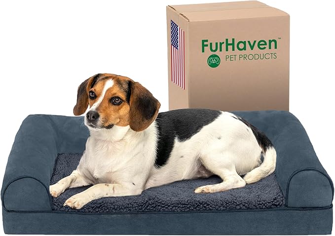 Furhaven Orthopedic Dog Bed for Medium/Small Dogs w/ Removable Bolsters & Washable Cover, For Dogs Up to 35 lbs - Sherpa & Chenille Sofa - Orion Blue, Medium