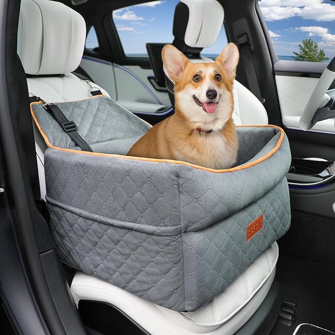 Dog Car Seat for Small Dogs, Memory Foam Dog Booster Seat for Dogs under 35 lbs, Detachable & Washable Dog Car Seat for Front & Back Seats, Elevated Pet Car Seat with Storage Pockets