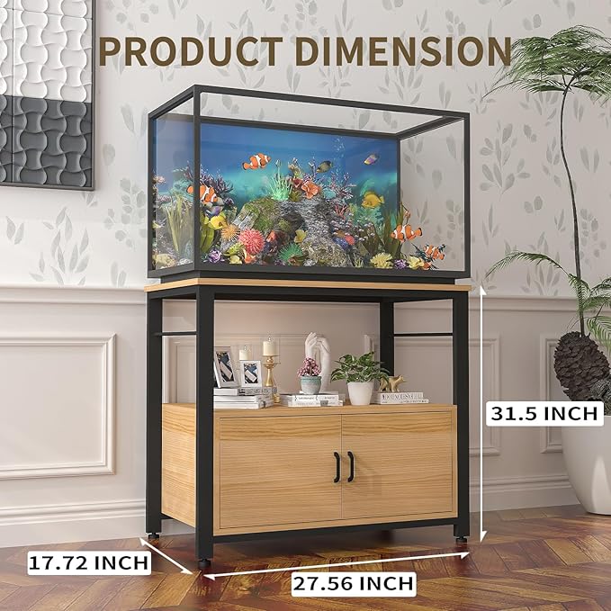 Fish Tank Stand Metal Aquarium Stand with Cabinet Accessories Storage 40-50 Gallon, Double Layer Metal with Storage Weight Capacity 760lbs, Black Walnut Brown