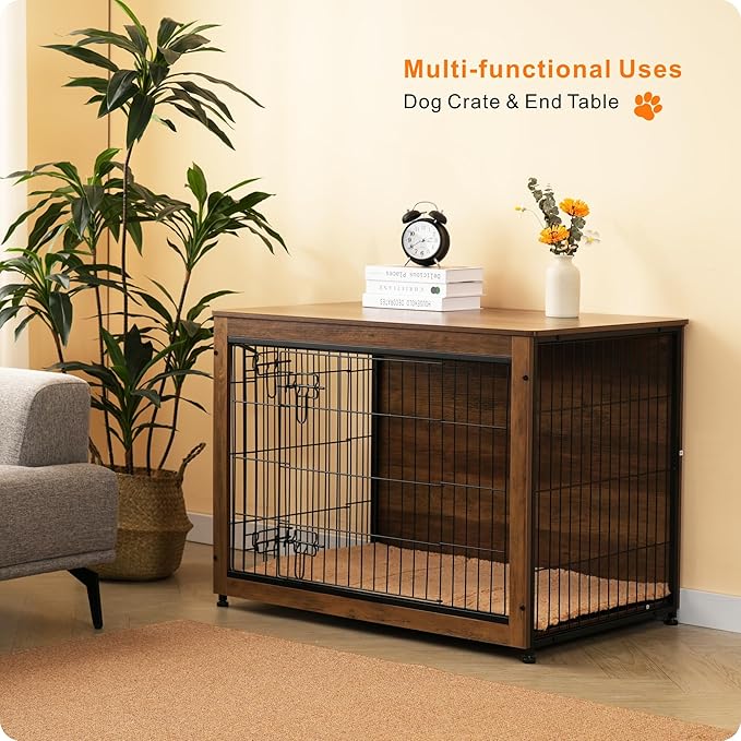 DWANTON Dog Crate Furniture with Cushion, Large Wooden Dog Crate with Double Doors, Dog Furniture, Indoor Dog Kennel, Dog House, Large, 38.5" L, Warm Brown