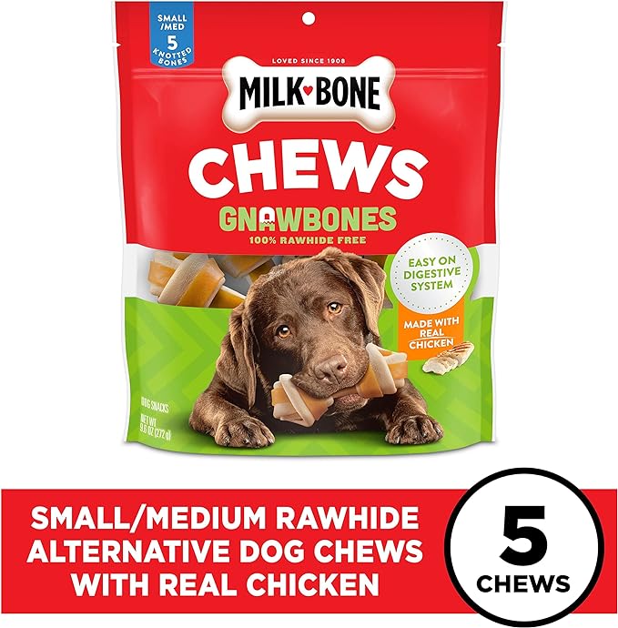 Milk-Bone Chews GnawBones Rawhide Free Dog Treats, Chicken, 5 Long Lasting Small/Medium Knotted Bones