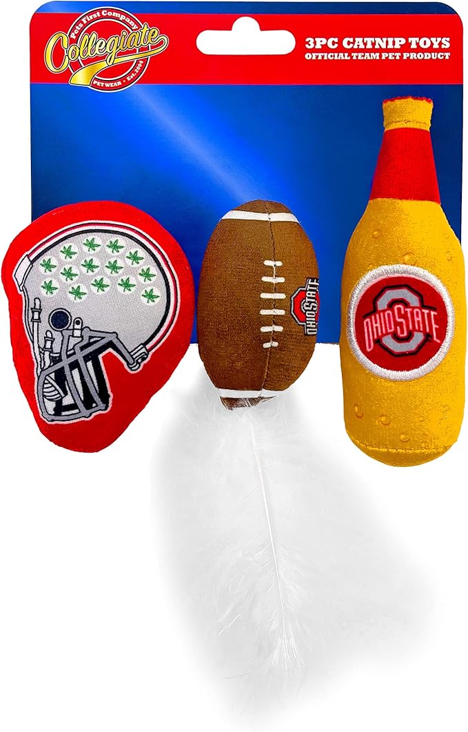 BEST PLUSH CAT TOY NCAA OHIO STATE BUCKEYES Complete Set of 3 piece Cat Toys filled with Fresh Catnip. Includes: 1 Helmet Cat Toy, 1 Football Cat Toy with Feathers & 1 Beer Bottle. Beautiful Team LOGO