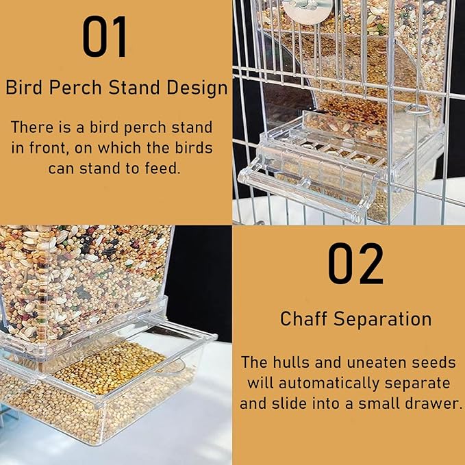 Parrot Automatic Feeder No Mess Bird Feeder Food Container Feeding Station Foraging Cage Accessories Acrylic Suitable for Parrot Cockatoo Canary Love Bird (Transparent)