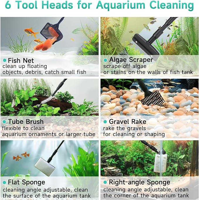 hygger 6-in-1 Aquarium Cleaning Tools, Multipurpose Fish Tank Cleaning Kit for 20-160 Gallon Tank with Telescopic Long Handle,6 Clean Heads