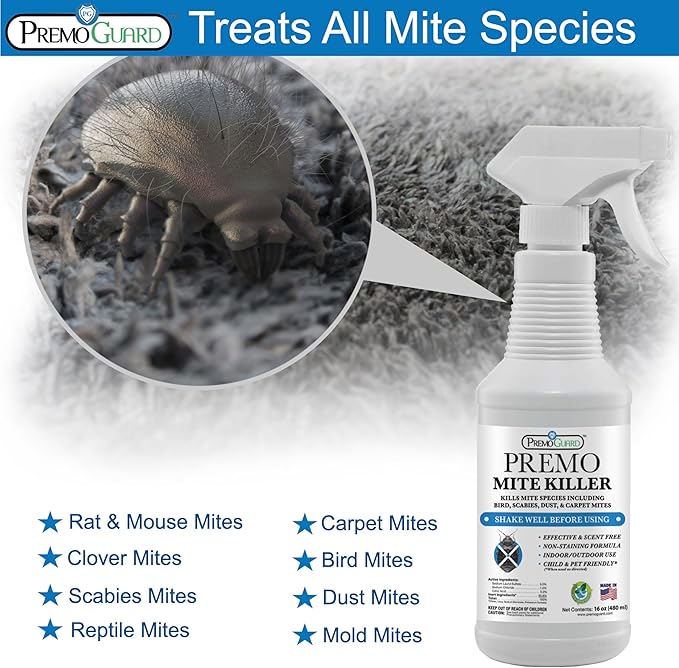 Mite Killer Spray by Premo Guard – Treatment for Dust Spider Bird Rat Mouse Carpet and Scabies Mites – Fast Acting 100% Effective – Child & Pet Safe – Best Natural Extended Protection (16 oz)