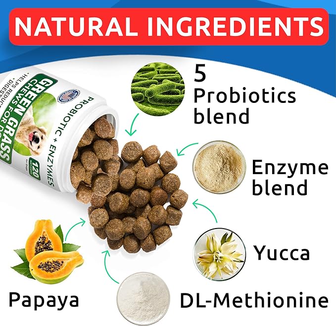 Bark&Spark All-Natural Grass Burn Spot Chews for Dogs - Pee Lawn Spot Saver - Grass Restore Treats - Dog Urine Neutralizer Solution for Grass Burn Spots - Made in USA - 120 Chews