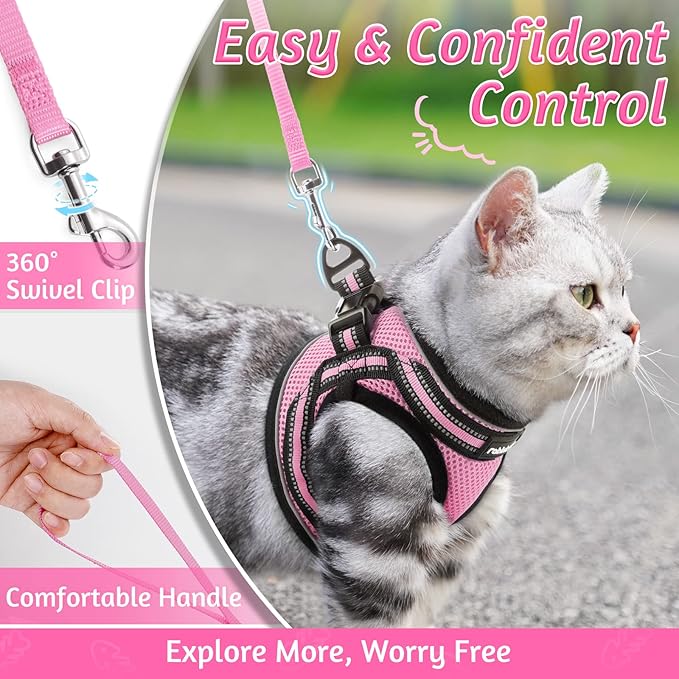 rabbitgoo Cat Harness and Leash Set for Walking Escape Proof, Adjustable Soft Kittens Vest with Reflective Strip for Cats, Comfortable Outdoor Vest, Pink, M