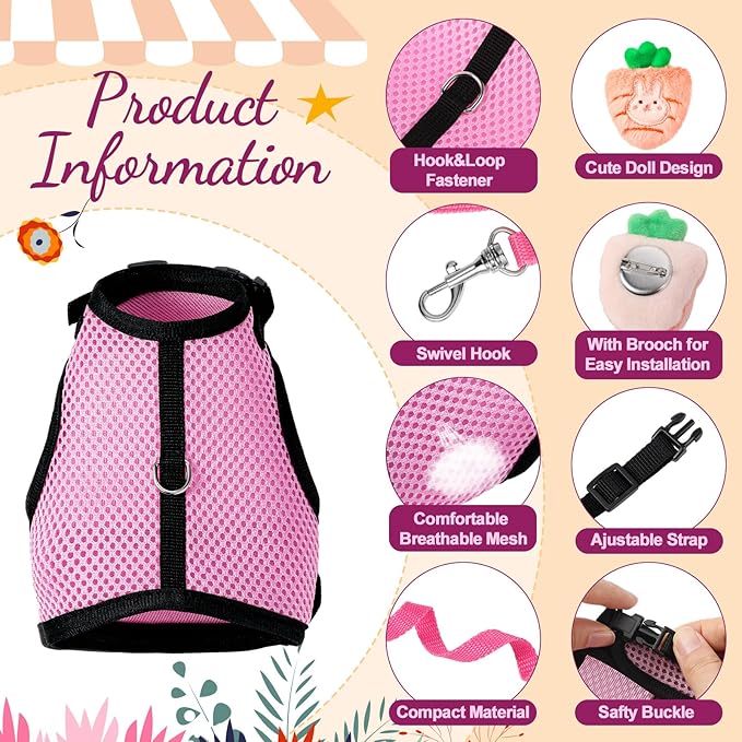 Rabbit Harness and Leash Set with 2 Cute Decorations Soft Adjustable Buckle Breathable Mesh Vest Harness for Rabbits Ferret Small Pig Puppy Walking Supplies (Pink,Cute Pattern)