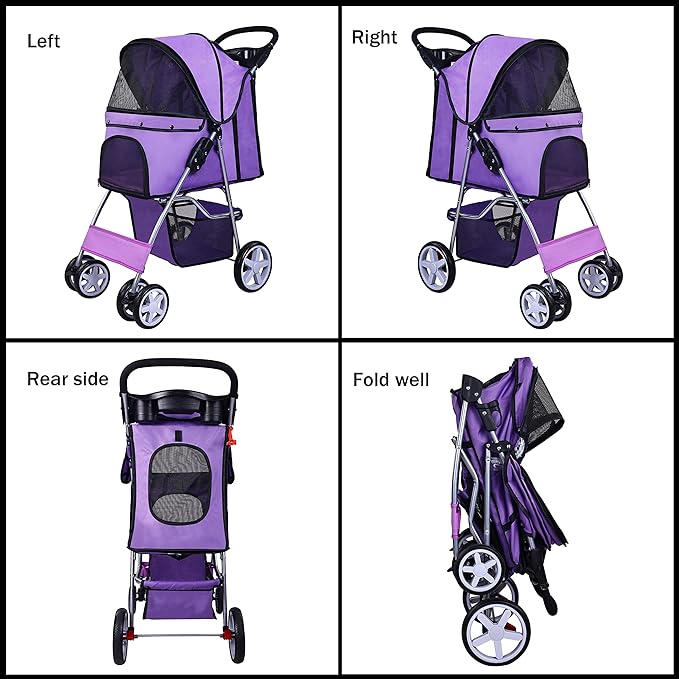 Pet Stroller, 4 Wheels Multifunction Dog Cat Stroller, Folding Portable Travel Stroller with Detachable Carrier, Suitable for Medium Small Dogs Cats