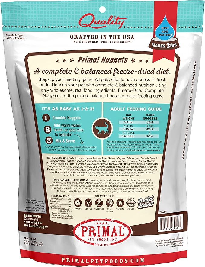 Primal Freeze Dried Cat Food Nuggets Chicken & Salmon; Complete & Balanced Meal or Topper; Premium, Healthy, Grain Free, High Protein Raw Cat Food with Probiotics (14 oz)