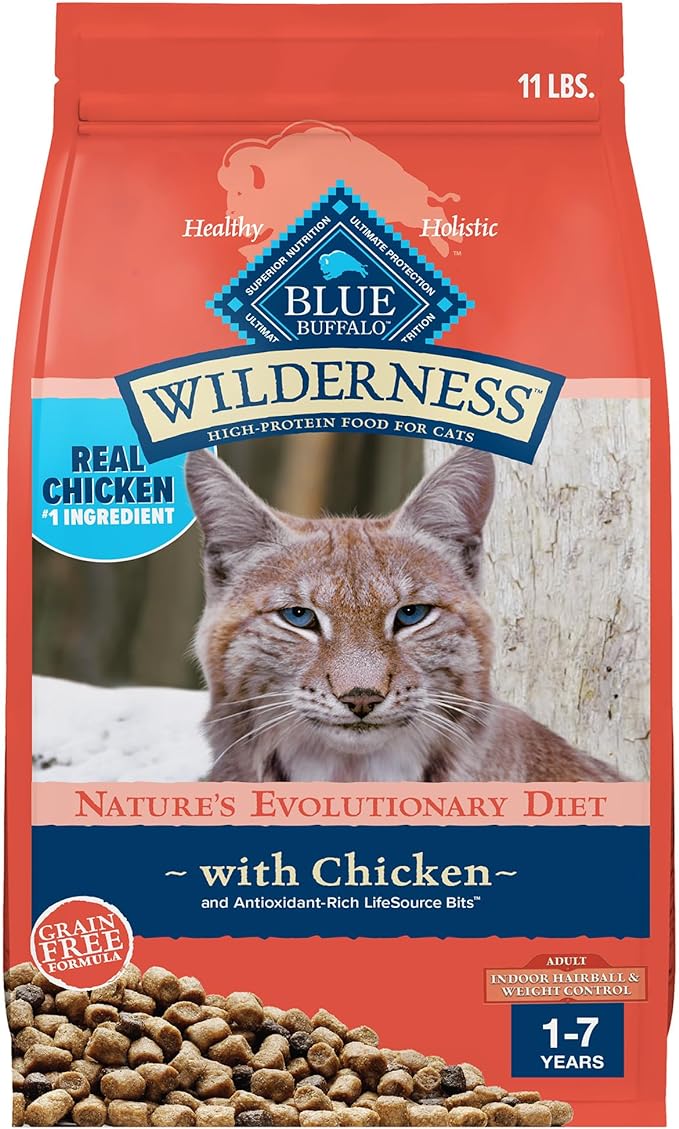 Blue Buffalo Wilderness Adult Indoor Dry Cat Food, Indoor Hairball Control and Weight Control Formula, High-Protein and Grain-Free Diet, Made with Natural Ingredients, Chicken, 11-lb. Bag