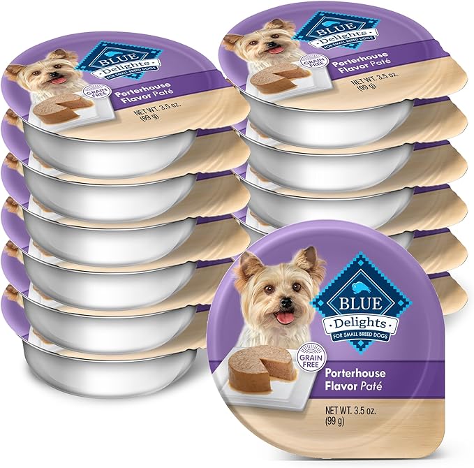 Blue Buffalo Delights Natural Adult Small Breed Wet Dog Food Cups, Pate Style, Porterhouse Flavor in Savory Juice 3.5-oz (Pack of 12)