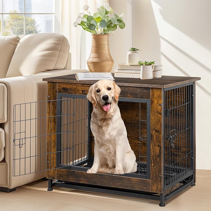 Shintenchi Wooden Dog Crate Furniture for Large Dog, XL Double-Door Kennel Indoor with Removable Tray, End Table XL Dog Crate for Decoration, 44" L*30" W*32" H, Vintage Brown