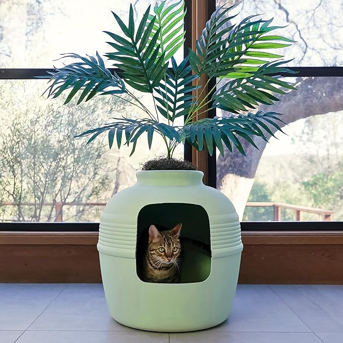 Good Pet Stuff, The Original Hidden Litter Box Base Kit, Round Enclosed Cat Litter Box Planter with Artificial Plants, Vented Carbon Odor Filter System, Florist Moss, Easy to Clean, Seagrass Green