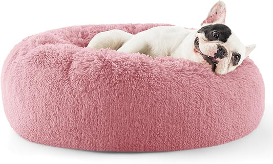 Bedsure Calming Dog Bed for Small Dogs - Donut Washable Small Pet Bed, 23 inches Anti-Slip Round Fluffy Plush Faux Fur Large Cat Bed, Fits up to 25 lbs Pets, Mauve Blush