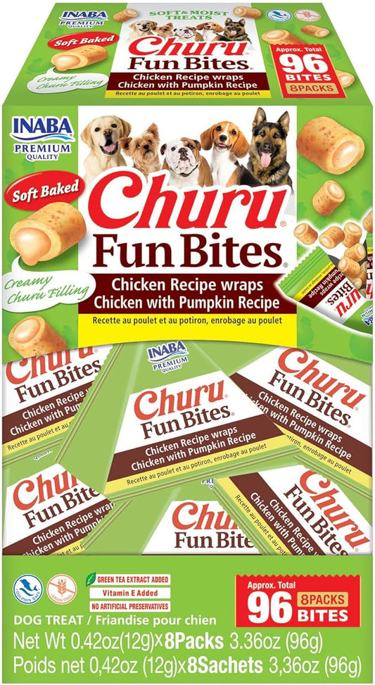 INABA Churu Fun Bites for Dogs, Soft & Chewy Baked Chicken Wrapped Filled Dog Treats with Vitamin E, 0.42 Ounces per Tetra, 8 Tetras per Box, Chicken with Pumpkin Recipe