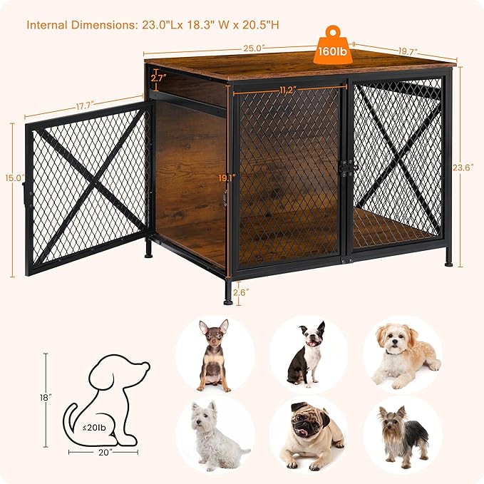 DWANTON Dog Crate Furniture, 25" L Three-Door Wooden Dog Kennel Indoor, Connectable expansion, Wooden Dog Crate Table for Small/Medium/Large Dog, Dog House, Dog Cage Large, Rustic Brown