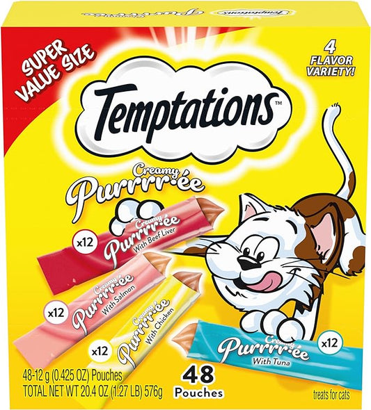 Temptations Creamy Puree with Beef Liver, Salmon, Chicken, and Tuna Squeezable Lickable Wet Cat Treat Variety Pack, 0.42 oz. Tubes, Pack of 48