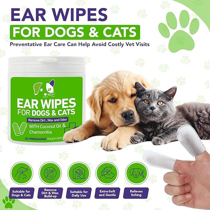 Pet Ear Wipes for Dogs and Cats - Dog Ear Cleaner Wipes, Cleaning and Deodorizing - Remove Debris & Wax, Improve Ear Itching, and Infections - 50 Count Finger Wipes