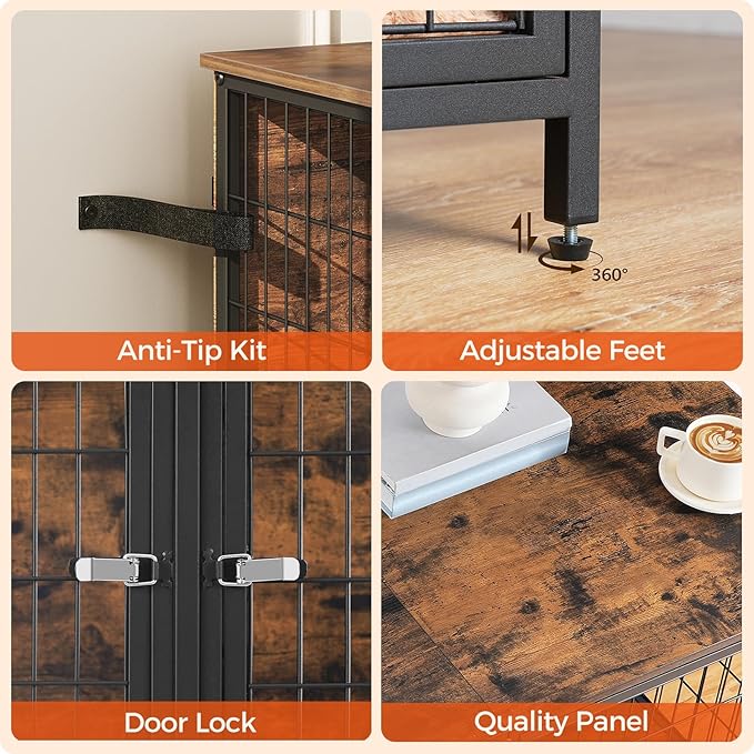 Dog Crate Furniture for 2 Dogs, 43.3" Dog Kennel with Removable Divider, Heavy Sturdy Dog Furniture Style Double Cage for Small Medium Dog, Indoor Dog House End Table, Rustic Brown DCHR1201