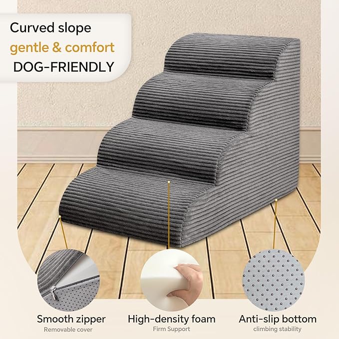 Curved Dog Stairs Ramp for High Beds 19.7" H, 4-Step Dog Steps for Small Dogs and Cats, Removable and Washable Pet Stairs for High Bed Climbing, Non-Slip Balanced Pet Step Indoor, Deep Grey