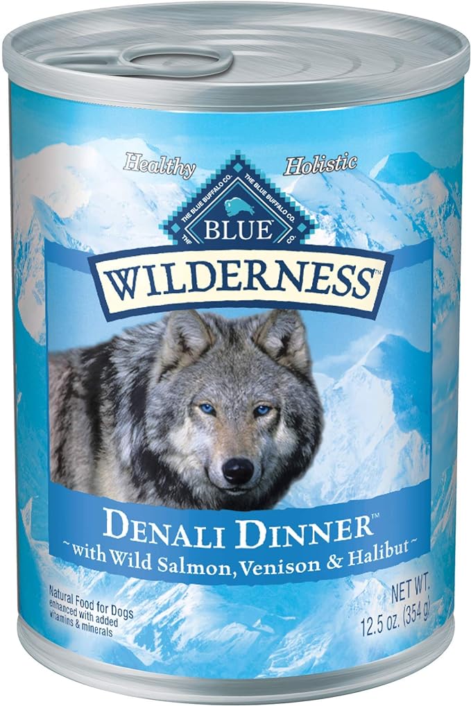 Blue Buffalo Wilderness Denali Dinner Wet Dog Food, High-Protein & Grain-Free, Made with Natural Ingredients, Wild Salmon, Venison & Halibut, 12.5-oz. Can (12 Count)