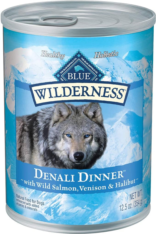 Blue Buffalo Wilderness Denali Dinner Wet Dog Food, High-Protein & Grain-Free, Made with Natural Ingredients, Wild Salmon, Venison & Halibut, 12.5-oz. Can (12 Count)