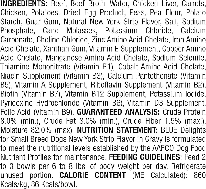 Blue Buffalo Delights Natural Adult Small Breed Wet Dog Food Cup, New York Strip Flavor in Hearty Gravy 3.5-oz (Pack of 12)