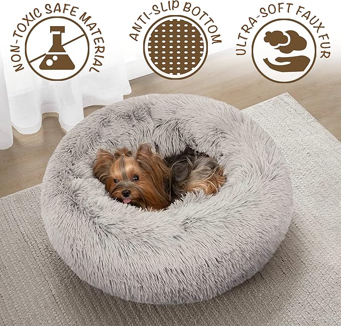 Friends Forever Donut Dog Bed Faux Fur Fluffy Calming Sofa For Medium Dogs, Soft & Plush Anti Anxiety Pet Couch For Dogs, Machine Washable Coco Pet Bed with Non-Slip Bottom, 30"x30"x7" Grey