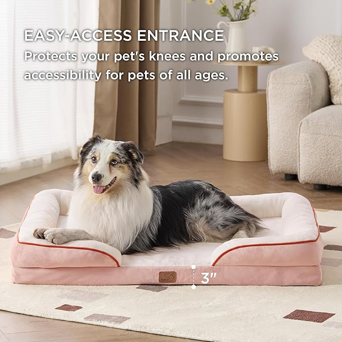 Bedsure Orthopedic Dog Bed for Extra Large Dogs - XL Washable Dog Sofa Beds Large, Supportive Foam Pet Couch Bed with Removable Washable Cover, Waterproof Lining and Nonskid Bottom, Pink, 42"