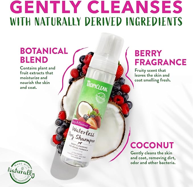 TropiClean Berry Coconut Waterless Dog Shampoo | Deep Cleansing Dry Shampoo for Dogs | Natural Dog Shampoo Derived from Natural Ingredients | Made in The USA | 7.4 oz.