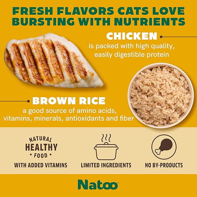 NATOO Cat Food Topper for Picky Eaters & Healthy Soft Cat Treat (Chicken & Brown Rice in Broth), Wet Cat Food, Gravy Cat Food, High Protein & Limited Ingredient Cat & Kitten Food, 2.4 oz (Case of 20)