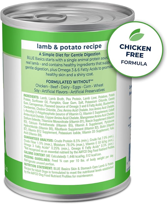 Blue Buffalo Basics Grain-Free Adult Wet Dog Food, Skin & Stomach Care, Limited Ingredient Diet, Lamb Recipe, 12.5-oz. Can, 12 Count