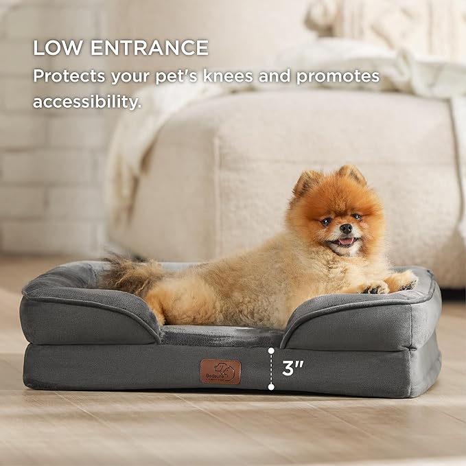 Bedsure Small Orthopedic Dog Bed - Washable Bolster Dog Sofa Beds for Small Dogs, Supportive Foam Pet Couch Bed with Removable Washable Cover, Waterproof Lining and Nonskid Bottom Couch, Dark Grey