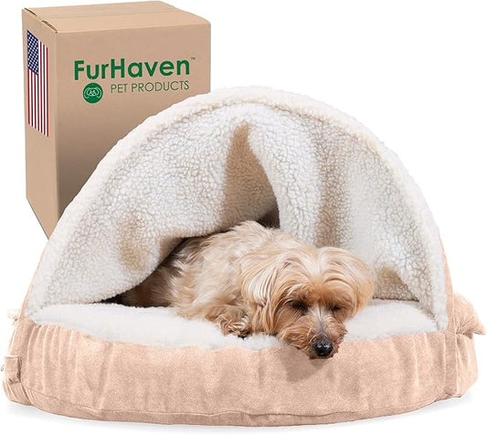 Furhaven 26" Round Memory Foam Dog Bed for Medium/Small Dogs w/ Removable Washable Cover, For Dogs Up to 30 lbs - Sherpa & Suede Snuggery - Cream, 26-inch