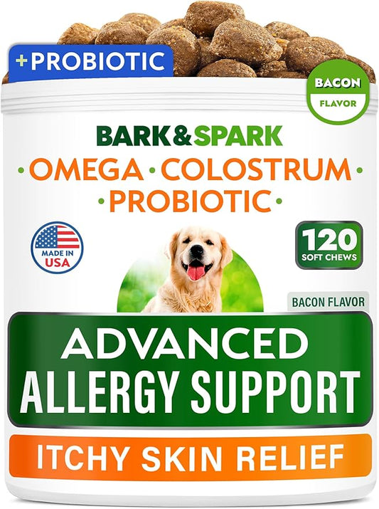 BARK&SPARK Advanced Dog Allergy Itch Relief Chews - Skin Probiotics w/Fish Oil Omega 3 - Itchy Skin Relief Pills - Anti Itching Licking - Skin Allergies Treatment Immune Supplement Colostrum-120 Bacon