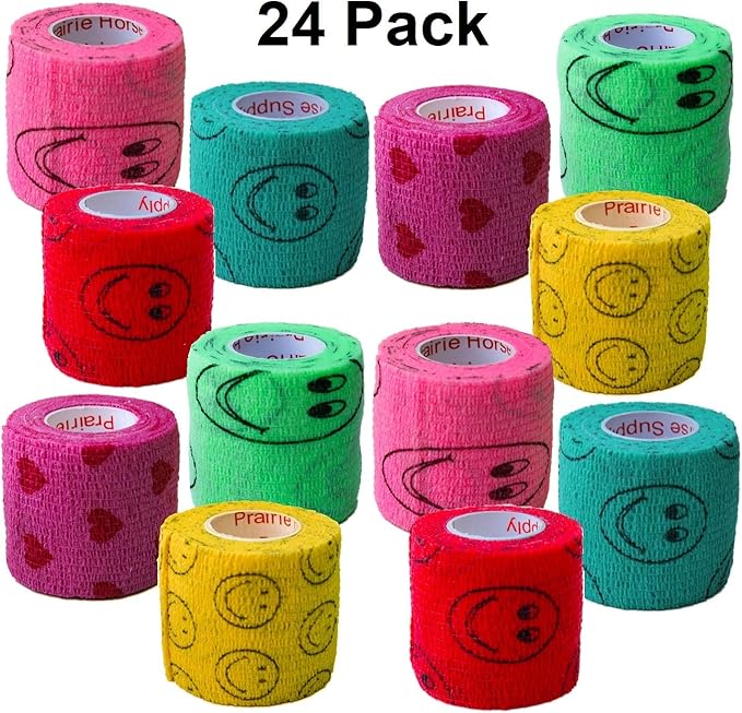 2 Inch Vet Wrap Tape Bulk (Smile Pattern in Yellow, Red, Teal, Neon Green, Neon Pink and Pink with Red Heart Pattern) (Pack of 24) Self Adhesive Adherent Adhering Flex Bandage Grip Roll Dog Cat