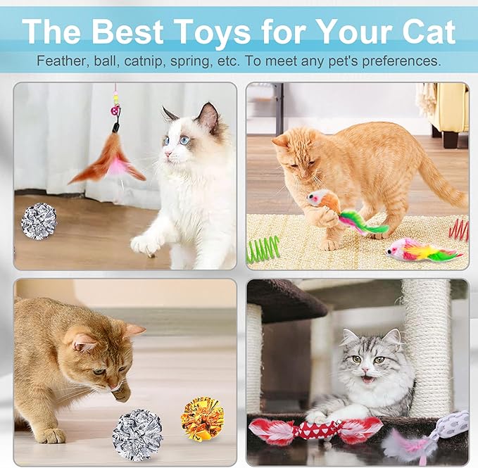 UPSKY 24 PCS Cat Toys, 3-Level Turntable Kitten Toys Set, Interactive Cat Roller Toys for Indoor Cats, Catnip Toys, Cat Teaser Toys, Mice Toys, Spring Toys, Various Ball Toys for Kitty.